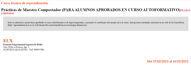  PRÁCTICAS DE MAESTRO COMPOSTADOR (PARA ALUMNOS APROBADOS EN CURSO AUTOFORMATIVO) - del 15 al 16.02.2023